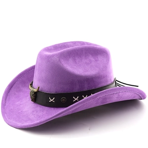 Detail of purple faux suede western cowboy hat with bull head metal buckle and star rivets