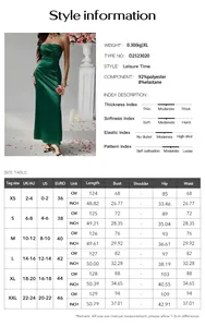 Größentabelle und Stoffdetails für das sexy trägerlose Abendkleid mit den genauen Maßen
