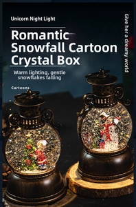 Detail of vintage Christmas lanterns with glowing snow globe scenes on wooden base