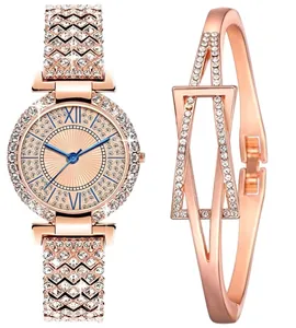 Set regalo orologio da donna in oro rosa e bracciale con strass e numeri romani eleganti