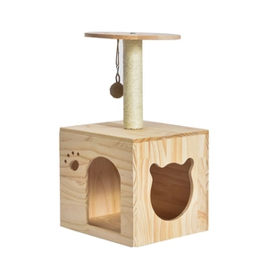 Solid pine wood cat tree house with sisal scratching post and hanging toy ball