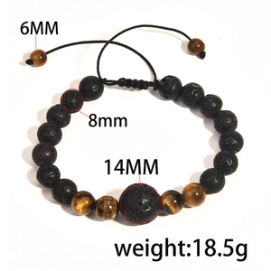Adjustable tiger eye and lava stone beaded bracelet set with detailed size dimensions