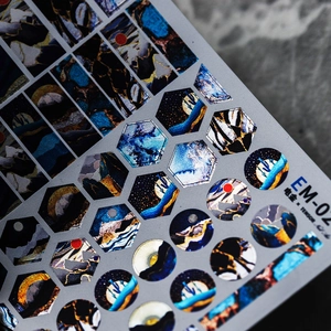 Adhesive nail stickers EM-024 with metallic gold foil and abstract blue patterns