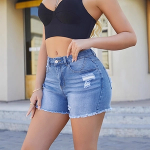 Women's slim fit distressed blue denim shorts with frayed hem and high waist design
