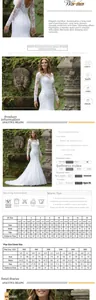 Detailed size chart for lace mermaid wedding dress with V-neck and sequin embellishments