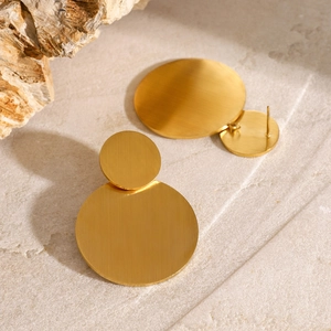 Minimalist gold stainless steel earrings with dual circular brushed metal texture disks