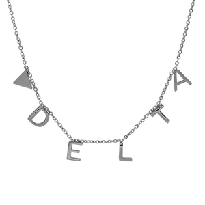 Minimalist silver titanium steel necklace with DELTA letter pendants on white background