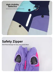 Detail showing reflective safety strips and anti-snag zipper on dog winter vest
