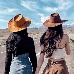 Cappelli da cowboy western retrò da donna in giallo zenzero e marrone scuro estivi