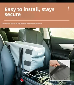 Car central armrest pet carrier seat with durable elastic straps and grey wear-resistant fabric