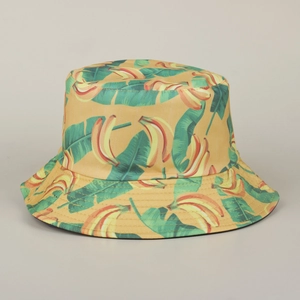 Summer yellow fisherman hat with tropical banana leaf print for sun protection