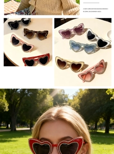 Detailed view of colorful heart-shaped rhinestone sunglasses in leopard and solid colors