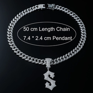 Detail view of 50cm silver Cuban chain necklace with iced out letter S pendant for men