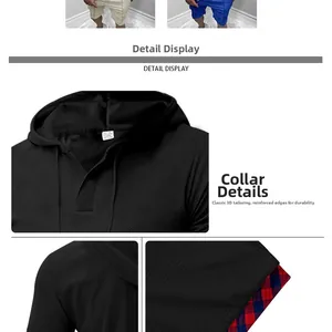 Detail of waffle knit fabric and red checkered lining on men's black hooded t-shirt