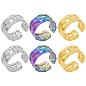 Stainless Steel Ring Hammered Pattern Irregular Wave Geometric Adjustable Open Finger Jewelry For Men Women Minimalist