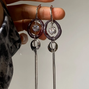 Elegant Long Tassel Drop Earrings With Silver Earring Post Zircon Resin Geometric Dangle For Women Retro Light Luxury