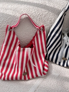 Grand sac cabas en toile à rayures avec dentelle et logo Suzakka pour le quotidien