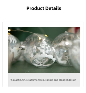 Detail of PS plastic clear Christmas ball with white snowflake and pine tree patterns