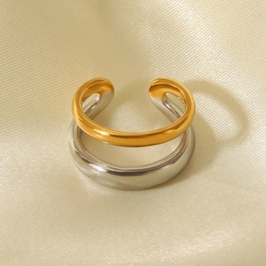 Luxurious two-tone gold and silver double-layered stainless steel open ring for women