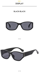 Front and side profile views of black rectangular sunglasses with wide temples