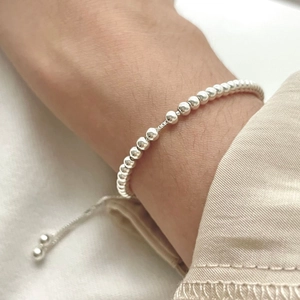 Elegant minimalist S925 sterling silver bead bracelet with adjustable draw chain for women