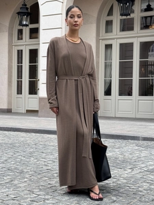 Brown long-sleeved knitted cardigan and matching maxi dress set with ribbed texture