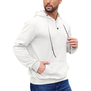 Men's white heavy knit hoodie with textured herringbone pattern and buttoned neckline