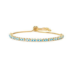 Detailed close-up of golden evil eye sliding bracelet with colorful enamel beads