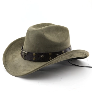 Olive green suede western cowboy hat with brown leather band and bull head metal studs