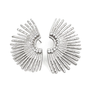 Silver stainless steel sunburst earrings with hammer texture and sparkling zircon inlay