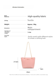 Pink tote bag detailed dimensions 23x21.5x8cm featuring V-quilted texture and rope handle