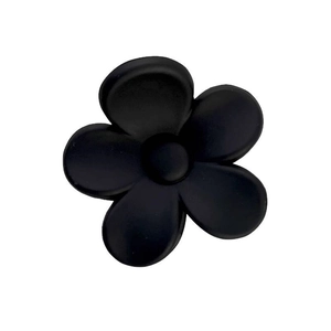 Matte black five-petal flower hair claw clip for high ponytail styling on white background