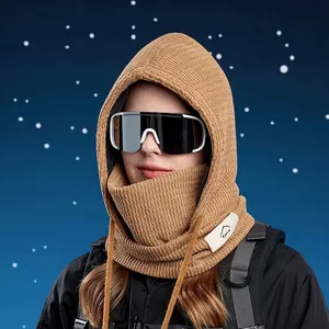Écharpe à capuche en tricot thermique pour le ski extérieur avec cordon coupe-vent kaki