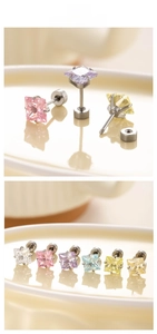 Macro view of 6mm square cubic zirconia screw back studs in various candy colors