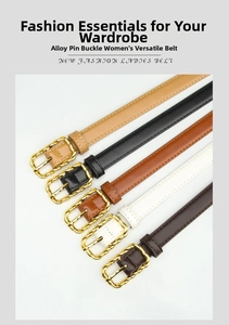 Detail of five PU leather skinny belts with textured gold alloy buckles in various colors