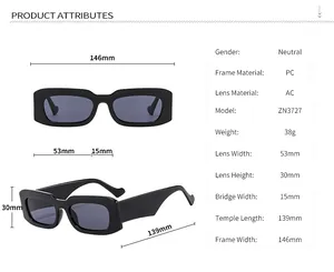 Detailed size chart for square frame sunglasses with precise lens and temple dimensions