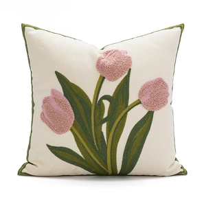 Modern Nordic beige pillow cover with pink tulip floral embroidery and green piping