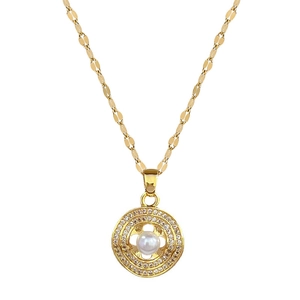Elegant gold titanium steel necklace with a round pearl pendant and cubic zirconia halo