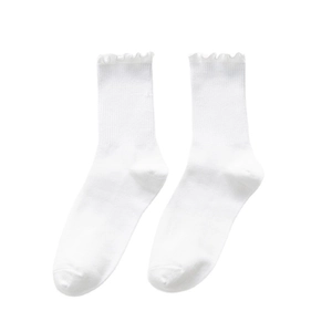 White cotton knit crew socks featuring elegant ruffle trim and ribbed texture on white background