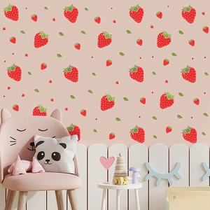 Cute strawberry wall stickers for children's room with pink background and green leaves