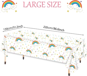 Rainbow cloud star party tablecloth detail showing 130x220cm large size dimensions