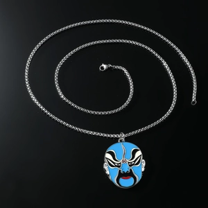 Silver punk style necklace with blue Peking Opera face mask pendant on black background