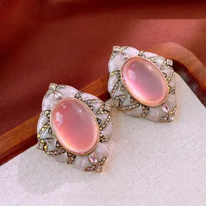 Vintage Palace Style Pink Resin Stud Earrings With Alloy Rhinestone And 925 Sterling Silver Earring Post For Women