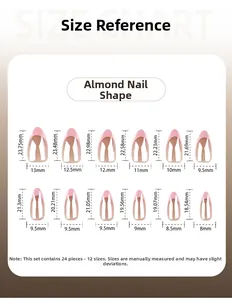 Size chart showing 12 dimensions for pink short almond press on nails with French design