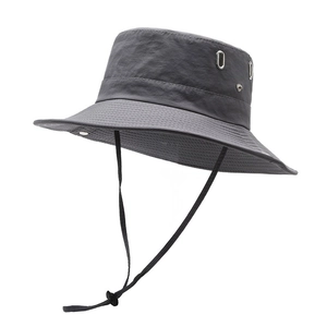 Dark gray outdoor wide brim sun hat with adjustable wind cord and metal air vents