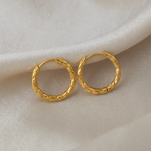Elegant 18K gold plated stainless steel hoop earrings with a textured hammered finish