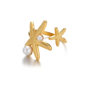 Anello aperto in acciaio placcato oro 18K con motivi a stella marina e perle bianche