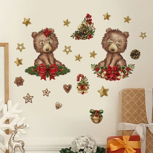 Détail de stickers muraux de Noël avec ours bruns, couronnes festives et des étoiles