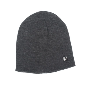 Close-up of fine knit texture and square leather logo label on dark grey winter beanie