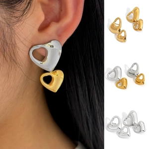 Orecchini Pendenti A Cuore In Acciaio Inossidabile 316 Per Donna Design Doppio Cuore Cavo Placcato Oro PVD
